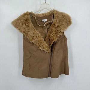 Womens Faux Suede Vest S Shearling Lined Boho Western Moto Asymmetrical Zip Tan